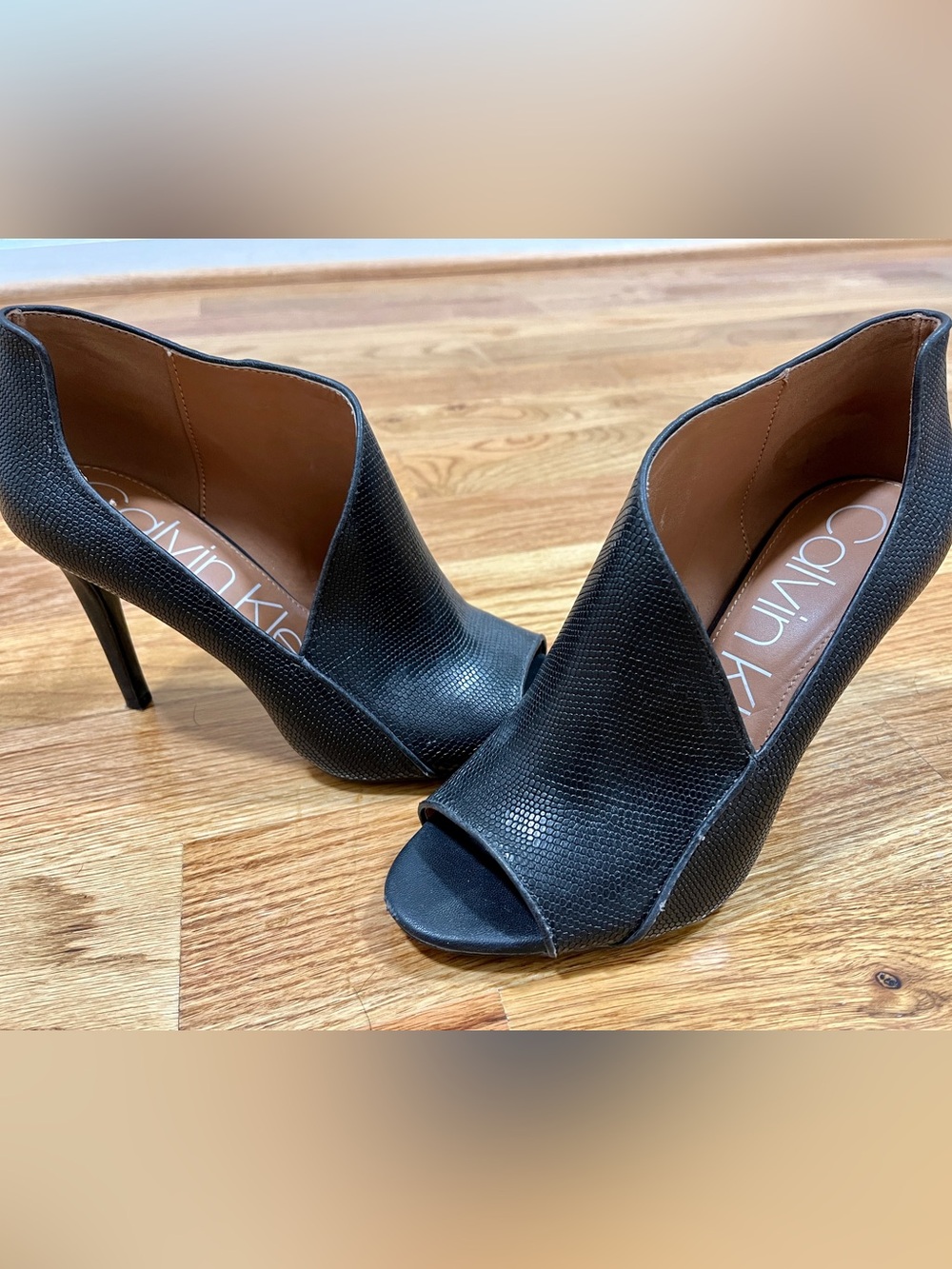 Calvin Klein Black Textured Peep-Toe Wedge Mules
